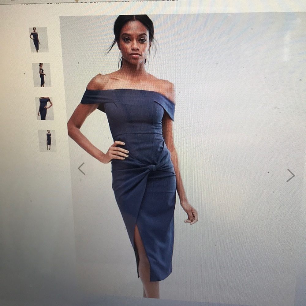 Navy blue Bardot midi dress with knot detail